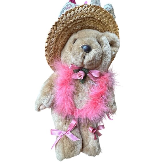 Bearly People Pink feather boa pearls rose tan bear 12" jointed vintage - Picture 2 of 13